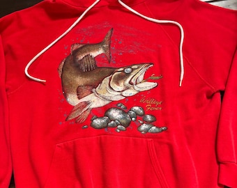 VINTAGE 1987 WALLEYE Fever Fish Fisherman Sweat à capuche rouge pour hommes Grand leurre Hanes USA