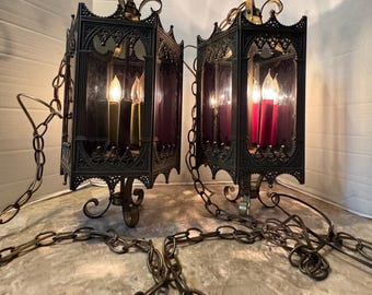 Vintage Lightcraft Of California 1963 Metal Glass Swag Hanging Lamp Gothic MCM. Comes as pictured. On cord has spliced cord. Both fully func