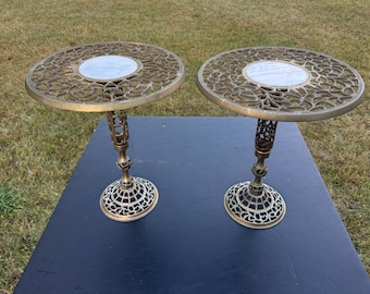 Pair Vintage HOLLYWOOD REGENCY Brass Filigree Pedestal Table Set Plant Stand. Both marble inserts were glued have damage see photos. Marble