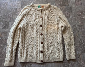 Vintage 1980s Mary Smith Irish Wool Cardigan Sweater Hand Knit Cable Fisherman. Features wood buttons handmade cable knit wool made in Irela
