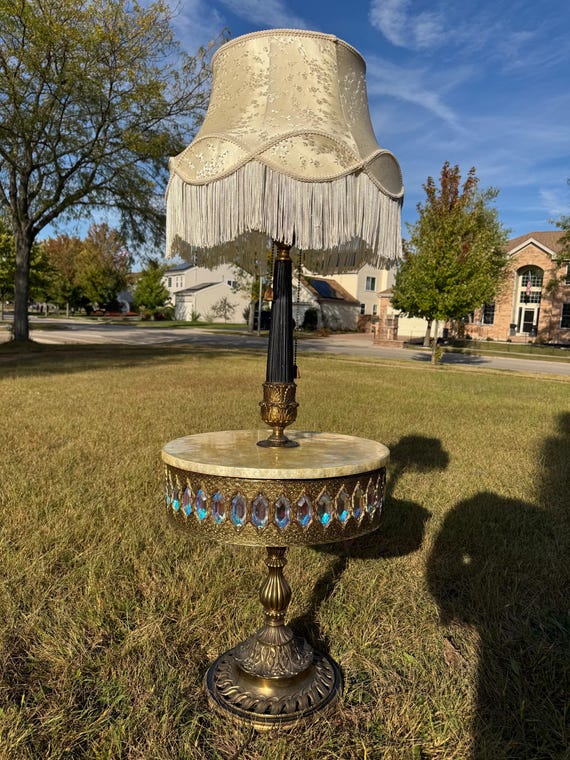 Vintage MCM Hollywood Regency Jeweled Brass Filigree Table Lamp