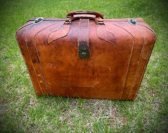 Antique Vintage Brown Leather Suitcase Travel Brown 22"x16"x8"
