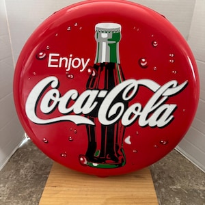 Coke 20&quot; Round Plastic Button Sign “Coca-Cola” Logo Bottle Graphic Wood Stand