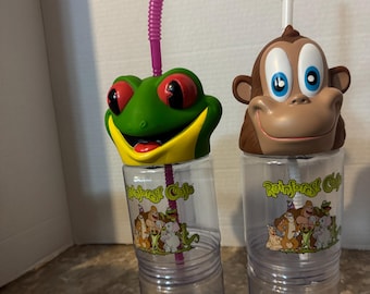 Vintage Rainforest Cafe Collector’s Water Bottle Cups With Straws 2x Frog Monkey