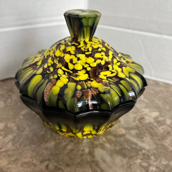Vintage V. Nason Murano Art Glass Green Yellow & Copper Trinket