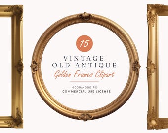 15 Golden Frames Clipart PNG Bundle, Antique Gold Baroque & Rococo Frames, Vintage Ephemera for Junk Journal, Scrapbook Graphics