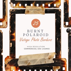 Può includere: Una collezione di cornici rettangolari con bordi bruciati e usurati e perforazioni da pellicola. La cornice centrale presenta il testo 25 BURNT POLAROID Vintage Photo Borders HIGH RESOLUTION COMMERCIAL USE LICENSE, fissato con pezzi di nastro adesivo invecchiato.