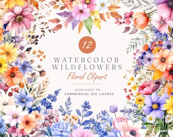 12 Watercolor Wildflower Clipart, Boho Floral PNG, Botanical Flowers, High Quality Digital Download