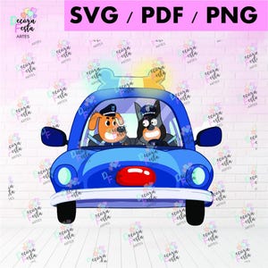 Pode incluir: Um carro de polícia azul de desenho animado com dois cães nos bancos da frente. Os cães estão usando chapéus e uniformes de polícia. A imagem tem o texto "SVG / PDF / PNG" no topo.