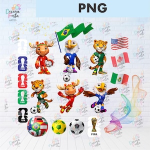 May include: A collection of soccer-themed digital graphics featuring cartoon mascots, flags, soccer balls, and a trophy. The mascots are animals dressed in soccer uniforms, holding soccer balls. Flags from various countries are also included.