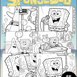 Op de afbeelding: Zwart-wit kleurboek met SpongeBob SquarePants en vrienden in verschillende scènes. De titel "SpongeBob" staat bovenaan. Het boek bevat 55 pagina's met illustraties.