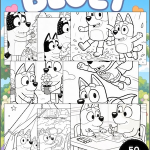 以下が含まれることがあります： 上部に大きな青い文字で「BLUEY」と書かれた子供向けの塗り絵。さまざまなシーンで漫画の犬の白黒イラストが掲載されています。表紙には「50ページ」とも記載されています。