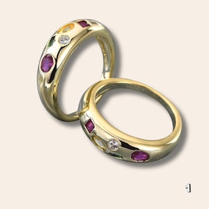 Personalized Birthstone Signet Ring with Heart, Baguette & Circle Birthstones - Handmade Birthstone Signet Ring with Heart - Jewelry For Her