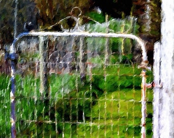 The Country Gate mixed media impressionistic painting, spring decor, nostalgic art, home decor, vintage gate