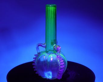 Vintage Art Nouveau Uranium Glass Vase - Green with Swan Neck Handles and Lobed Base, Feminine Forms, Glows Under Blacklight