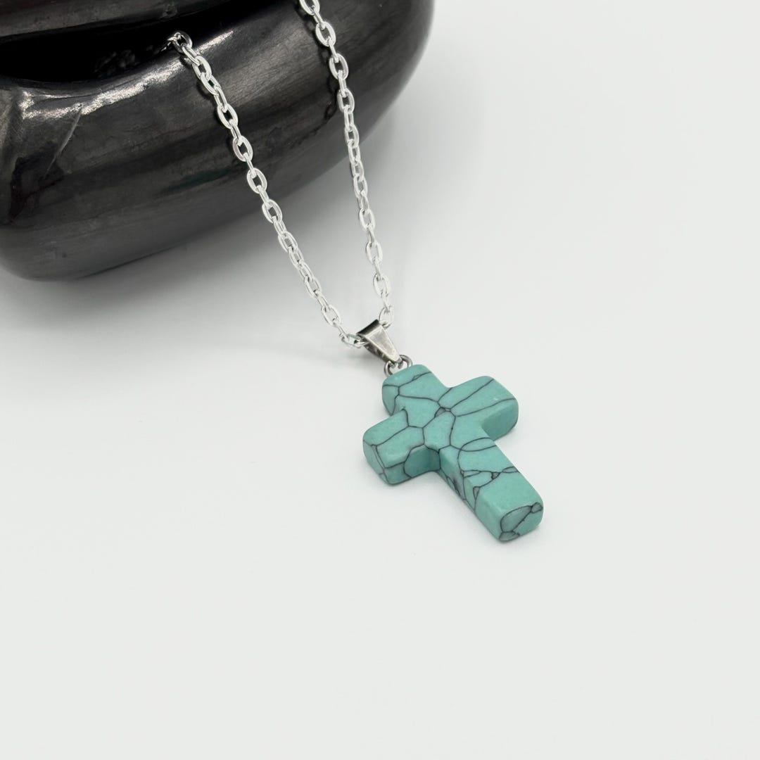 Turquoise Howlite Cross Necklace, Gemstone Pendant, 20” Chain - Etsy