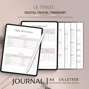 Planejador de itinerário de viagem digital, modelo de organizador de viagens de férias, cronograma diário e lista de bagagem, download em PDF, páginas de planejamento de viagens