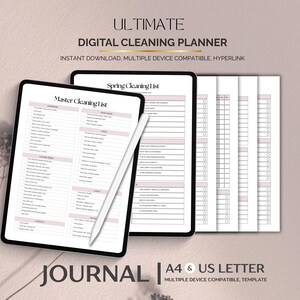 Könnte beinhalten: Ein digitaler Reinigungsplaner, der auf einem Tablet mit einem Stift angezeigt wird. Der Planer enthält Listen für den Frühjahrsputz und allgemeine Reinigungsaufgaben. Der Text auf dem Bild lautet "Ultimate Digital Cleaning Planner" und "Journal".