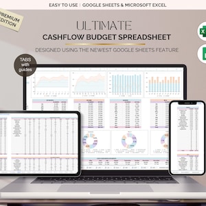 May include: A laptop, tablet, and smartphone displaying a cashflow budget spreadsheet. The spreadsheet is designed for Google Sheets and Microsoft Excel. The image includes the text "ULTIMATE CASHFLOW BUDGET SPREADSHEET". A tag reads "PREMIUM EDITION".