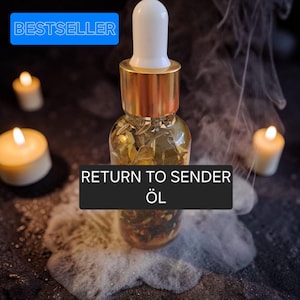 Könnte beinhalten: Kleine Glasflasche mit goldenem Verschluss und weißer Pipette, gefüllt mit klarer Flüssigkeit und Pflanzen. Der Text "RETURN TO SENDER ÖL" wird auf einem schwarzen Banner angezeigt. Das Wort "BESTSELLER" steht in einem blauen Feld. Angezündete Kerzen und Rauch umgeben die Flasche.