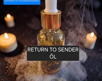 May include: A small glass bottle with a gold cap and white dropper, filled with a clear liquid and botanicals. The text "RETURN TO SENDER ÖL" is displayed on a black banner. The word "BESTSELLER" is in a blue box. Lit candles and smoke surround the bottle.