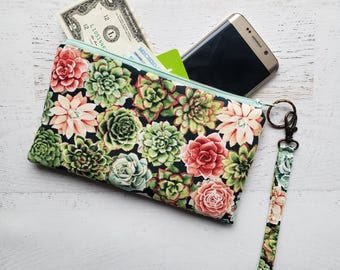 Succulents Wristlet Clutch Purse | Plants Green Mint Card Holder + Zipper Pocket + Wrist Strap | Daily Essentials Bag | Made Under Moonlight