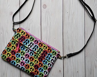 Peace Signs - Large Traveler Crossbody Purse | Colorful On-The-Go Travel Zip Bag | Adjustable Strap Zipper Pockets | Made Under Moonlight