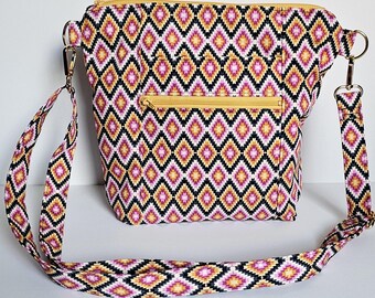 Yellow Pink Geo Everyday Crossbody Purse | Lightweight Washable Fabric Bag Adjustable Strap Zipper Closure Pockets | Fast Free Shipping US