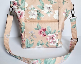 Peach Pink Floral Everyday Crossbody Purse | Lightweight Washable Fabric Bag Adjustable Strap Zipper Closure Pockets | Fast Free Shipping US