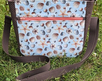 Nautical Starfish Seashell Purse | Zippered Crossbody Bag Pockets | Brown Coral Peach Blue Handbag | Ready To Ship | Made Under Moonlight