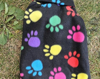 Fleece Pet Coat Jacket | Black Colorful Paw Prints Fleece Coat with Collar + Sleeves | Puppy Dog | Ready to Ship | Made Under Moonlight