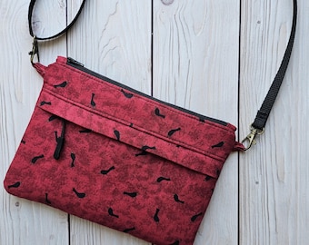 Red + Black Birds - Large Traveler Crossbody Purse | On-The-Go Travel Zip Pouch Bag | Adjustable Strap Zipper Pockets | Made Under Moonlight