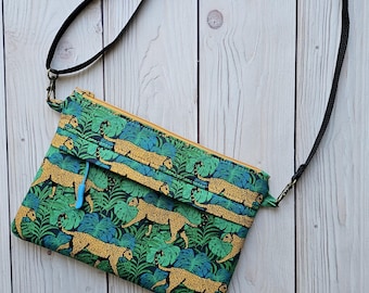 Cheetahs - Large Traveler Crossbody Purse | Green Yellow On-The-Go Travel Zip Bag | Adjustable Strap Zipper Pockets | Made Under Moonlight