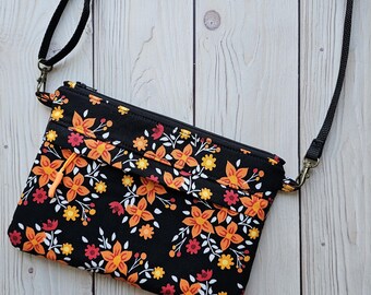 Orange + Black Floral - Large Traveler Crossbody Purse | On-The-Go Travel Zip Bag | Adjustable Strap Zipper Pockets | Made Under Moonlight