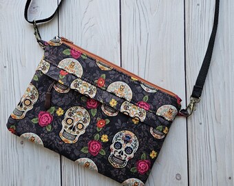 Sugar Skulls - Large Traveler Crossbody Purse | Brown Skull On-The-Go Travel Bag | Adjustable Strap Zipper Pockets | Made Under Moonlight