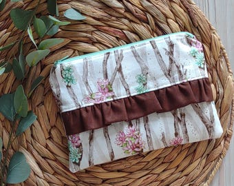 Purple + Mint Succulents on Wood Classic Zip Pouch | Cosmetic Makeup Bag | Pencil Pen Case | Brown Ruffles Accent | Made Under Moonlight