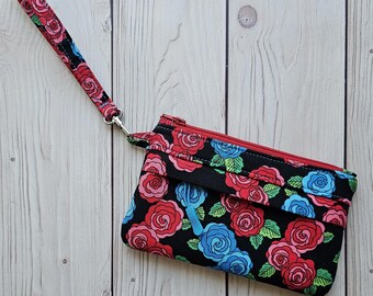 Red + Blue Floral - Small Traveler Wristlet Zip Pouch | White Polka Dot On-The-Go Purse | Wrist Strap Zipper Pockets | Made Under Moonlight