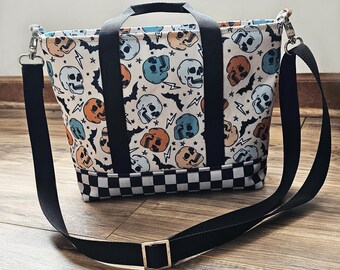 Skulls + Bats Checkerboard Tote Purse | Handbag Shoulder Bag Crossbody Everyday Essentials Carry All | Ready to Ship | Made Under Moonlight