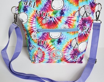 Rainbow Tie Dye Everyday Crossbody Purse | Lightweight Washable Fabric Bag Adjustable Strap Zipper Closure Pockets | Fast Free Shipping US