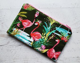 Brown + Pink Flamingos Classic Zip Pouch | Cosmetic Makeup Bag | Pencil Pen Case | Tropical Green Plants | Made Under Moonlight