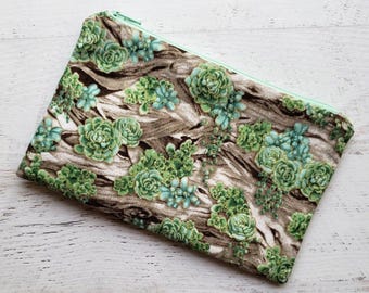 Succulents on Wood Classic Zip Pouch | Cosmetic Makeup Bag | Pencil Pen Case | Succulent Plants | Green Brown Mint | Made Under Moonlight