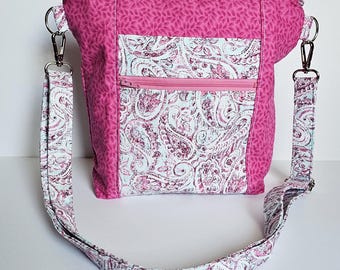 Pink Blue Paisley Everyday Crossbody Purse | Lightweight Washable Fabric Bag Adjustable Strap Zipper Closure Pockets | Fast Free Shipping US