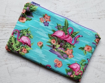 Turquoise + Pink Flamingos Classic Zip Pouch | Cosmetic Makeup Bag | Pencil Pen Case | Tropical Aqua Teal Purple | Made Under Moonlight