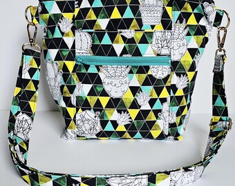 Geo Succulents Everyday Crossbody Purse | Lightweight Washable Fabric Bag Adjustable Strap Zipper Closure Pockets | Fast Free Shipping US
