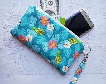 Aqua Tropical Wristlet Clutch Purse | Turquoise Card Holder + Zipper Pocket + Wrist Strap | Daily Essentials Bag | Made Under Moonlight