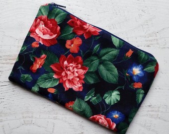 Red + Blue Floral Classic Zip Pouch | Cosmetic Makeup Bag | Pencil Pen Case | Navy Blue Green Leaves Red Flowers | Made Under Moonlight