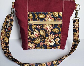 Burgundy Floral Everyday Crossbody Purse | Lightweight Washable Fabric Bag Adjustable Strap Zipper Closure Pockets | Fast Free Shipping US