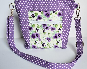 Purple Yellow Pansy Everyday Crossbody Purse | Lightweight Washable Fabric Bag Adjustable Strap Zipper Closure Pockets Fast Free Shipping US