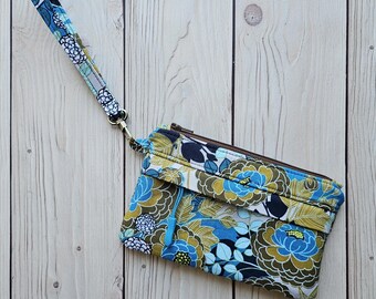 Blue + Brown Floral - Small Traveler Wristlet Zip Pouch | Gold Flowers On-The-Go Purse | Wrist Strap Zipper Pockets | Made Under Moonlight