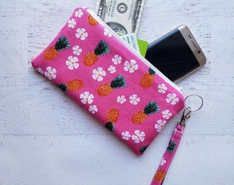 Pink Tropical Wristlet Clutch Purse | Card Holder + Zipper Pocket | Removeable Wrist Strap | Daily Essentials Bag | Made Under Moonlight